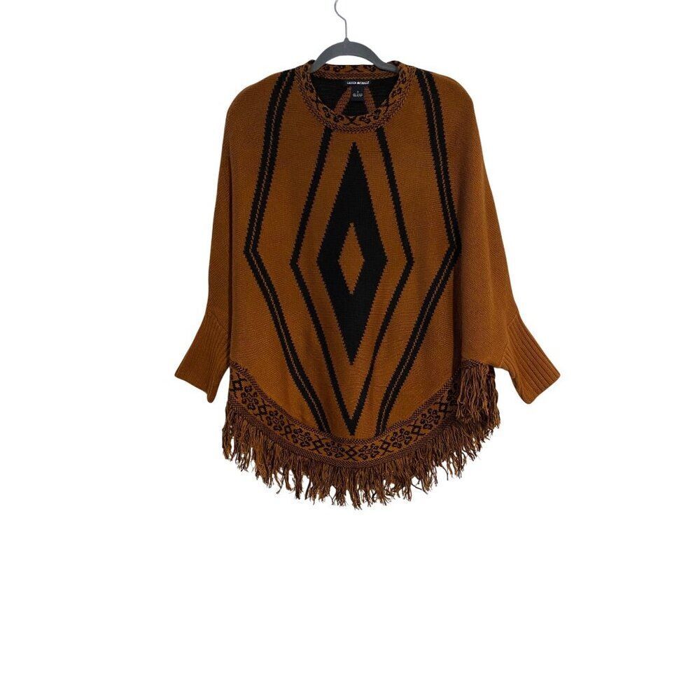 Lauren Michelle Sweater Women’s S Brown Black Diamond Fringe Poncho Hippie Boho